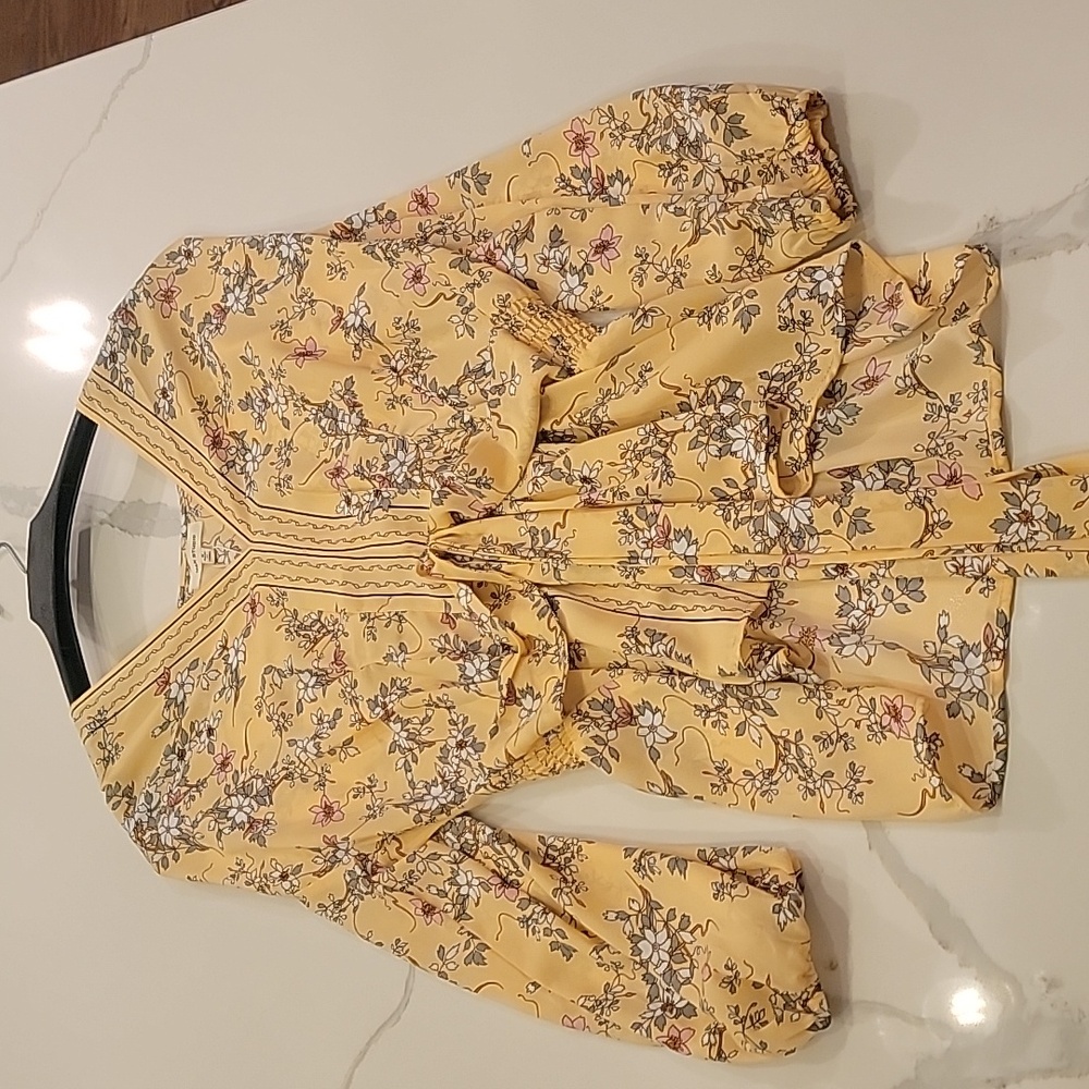 Yellow Floral Boho Tie-Waist Blouse